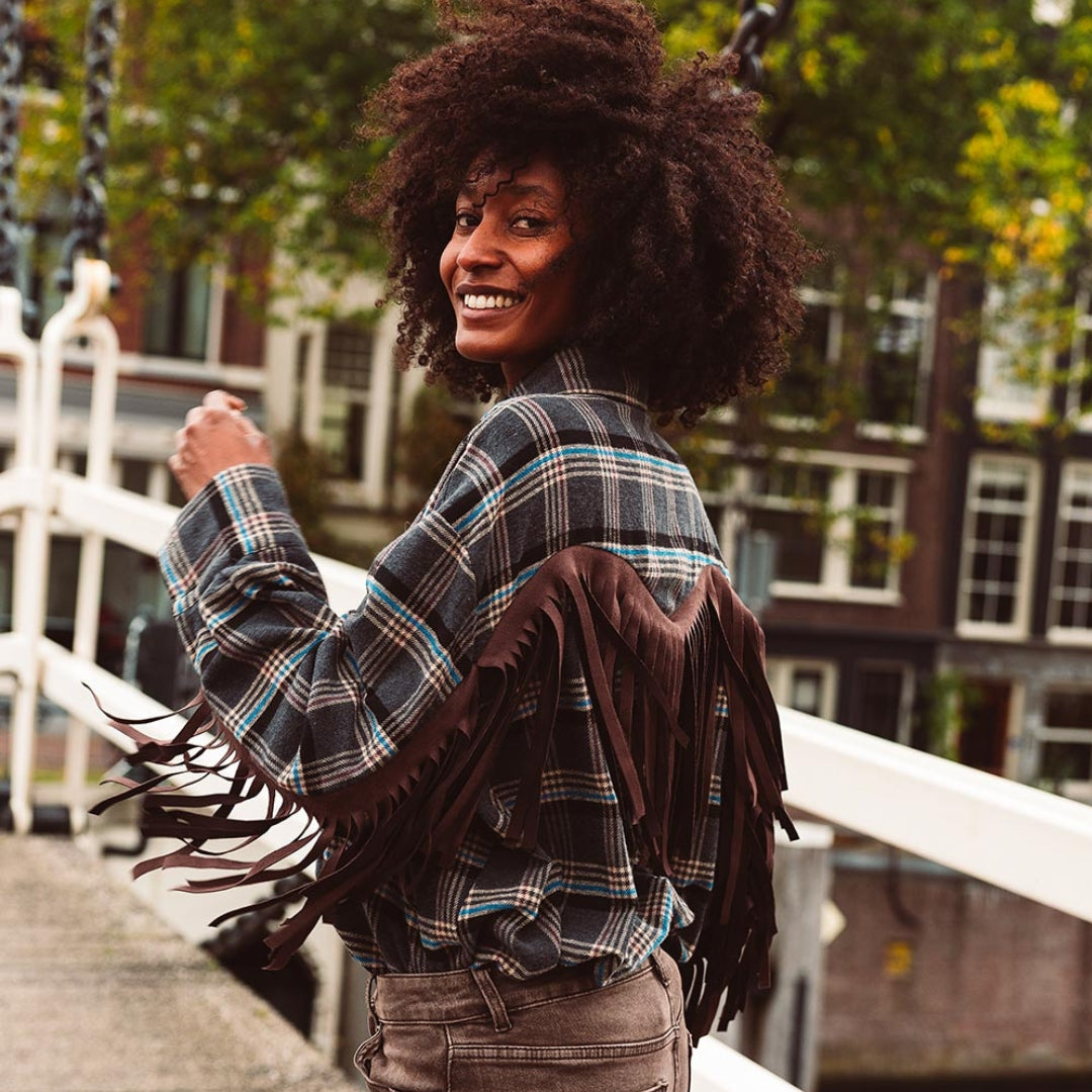 Blouse ruit franje zwart achterkant - Liefs uit Zierikzee 